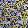 Embroidered BEER patch with blue & yellow embroidery thread on off-white felt