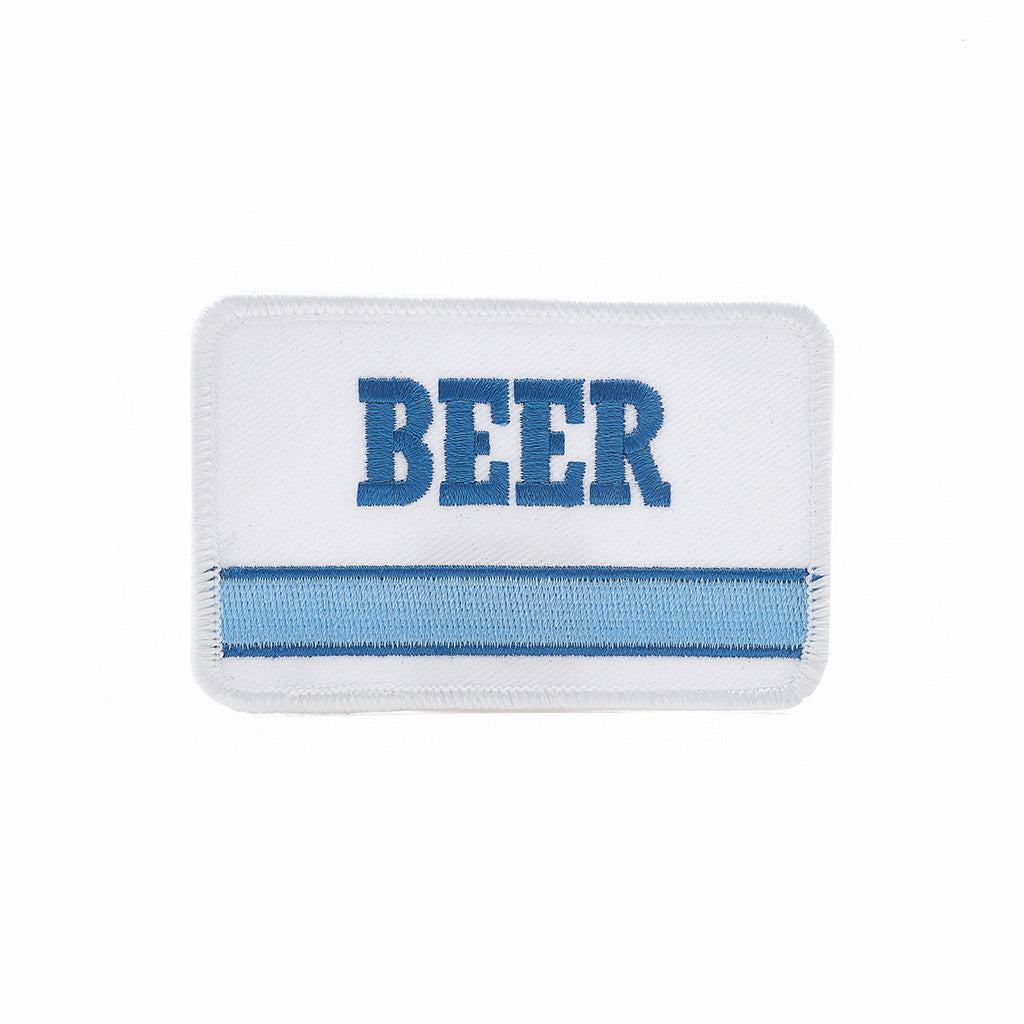 Embroidered BEER patch with vintage '70s '80s inspired generic blue stripe embroidery design