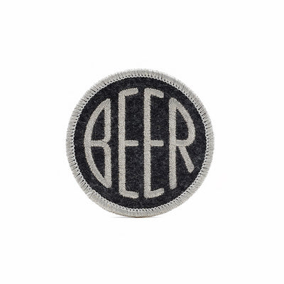 Embroidered BEER patch with metallic silver embroidery thread on black heather felt
